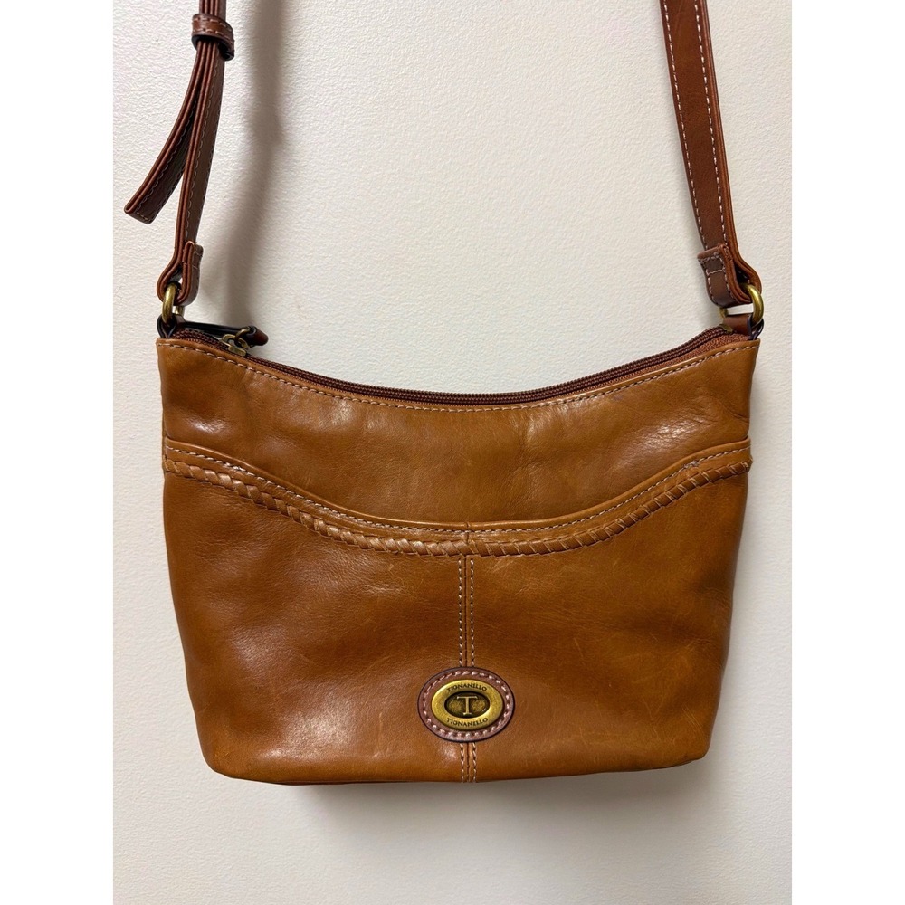 Tignanello Leather Crossbody Bag Brown Small Hobo Shoulder Purse RFID Brass Logo